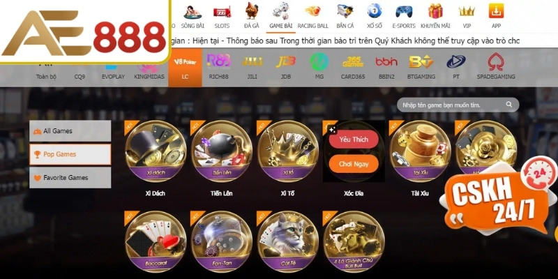 Tổng quan danh mục trò chơi AE888 đa dạng 